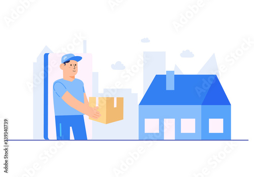Delivery Service Concept Delivery Guy and House Flat Design Style Vector Illustration