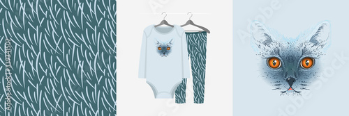 Seamless pattern and illustration for a kid with siamese kitten head
