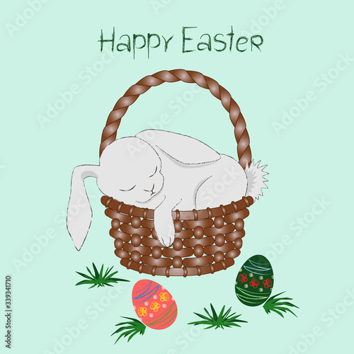 Easter bunny sleeps in a basket.  greeting card