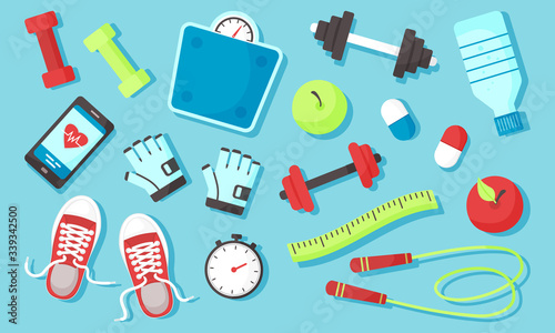 Fitness equipments Sport accessories Gym things Stufff for training. Diet and healthy lifestyle. Vector illustration