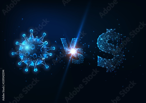 Futuristic coronavirus Vs financial market fight concept with glowing low polygonal dollar and virus
