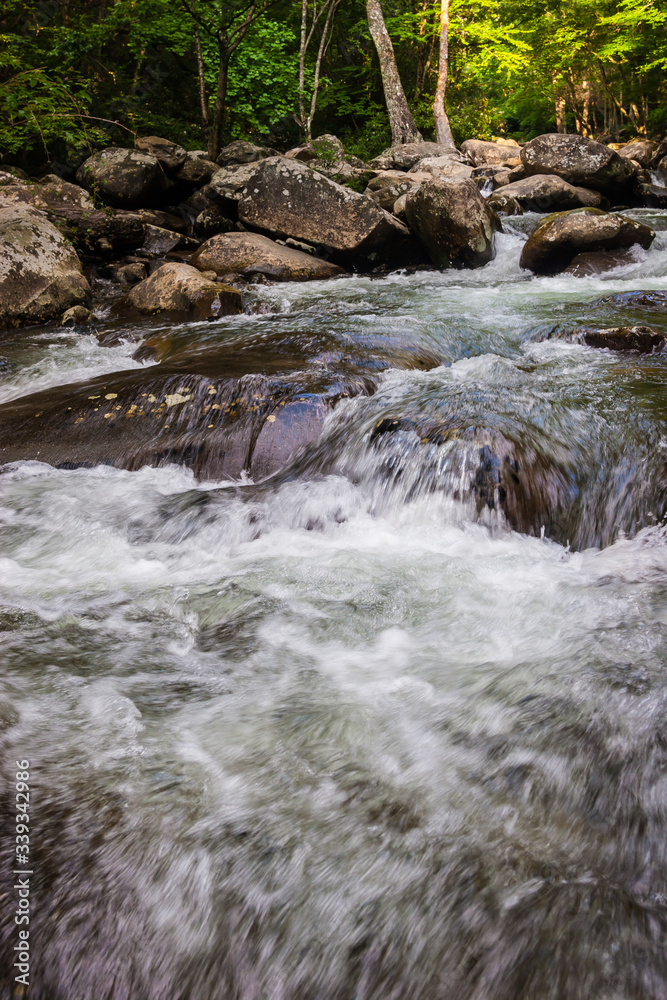 Mountain Stream Rushing Over Granite Boulders in The Chimneys Area, Great Smoky Mountins National Park, Tennessee, USA Mountain Stream Rushing Over Granite Boulders in The Chimneys Area, Great Smoky Mountins National Park, Tennessee, USA