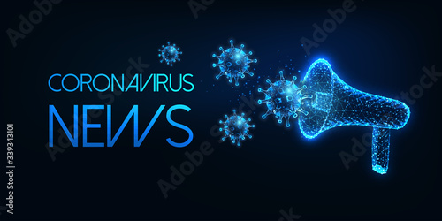 Futuristic coronavirus news concept with glowing low polygonal megaphone and viruses