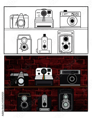 set of vector old retro antique collectible cameras