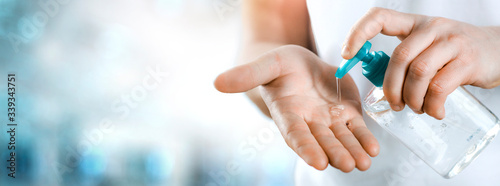 Sanitizer alcohol gel in hands rub clean hand hygiene prevention of coronavirus virus. photo