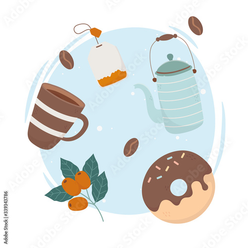 coffee time, coffee cup teapot tea bag and donut fresh beverage