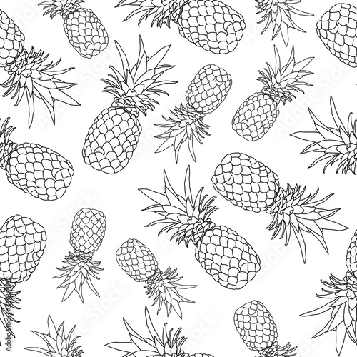 Hand-drawn black line pineapple isolated seamless pattern. 