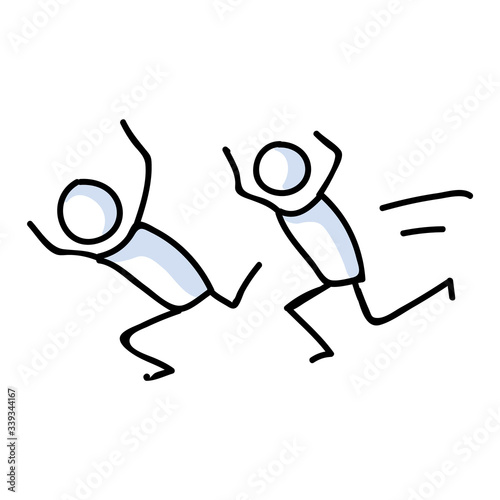 Cute stick figures running for exercise lineart icon. Training run for fitness pictogram. Communication of running away illustration. Fear vector graphic. 