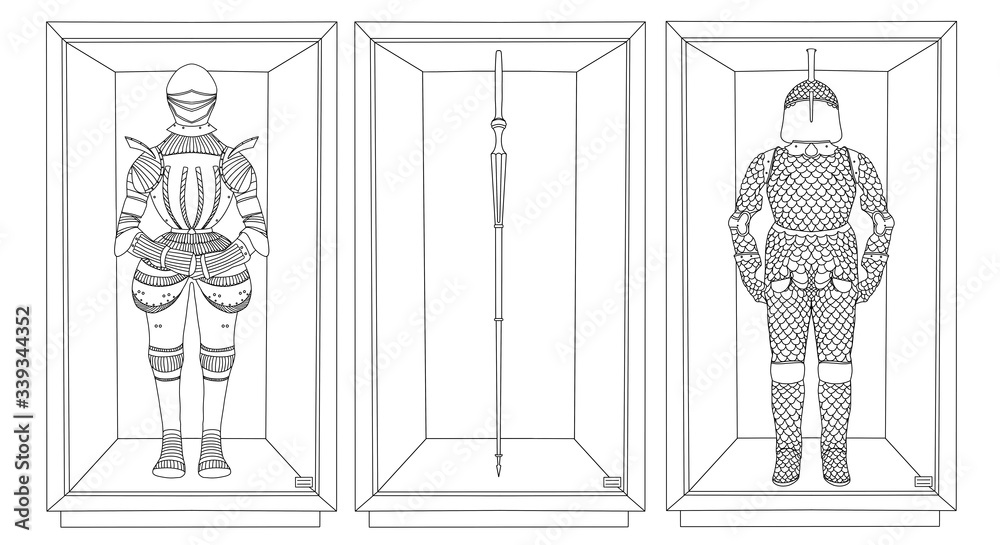 Contour of full combat armor of the 16th century, isolated on a white background. Museum exhibition of the Middle Ages. Hand-drawn digital illustration