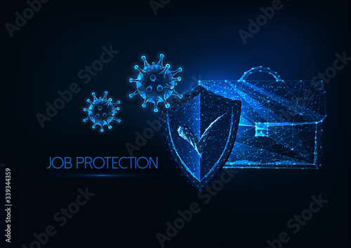 Futuristic Job protection during coronavirus pandemic with glowing low polygonal suitcase, shield