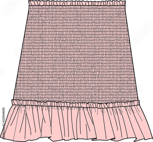 SKIRT, Fashion Flat Sketch, apparel template.GATHERED MINI SKIRT