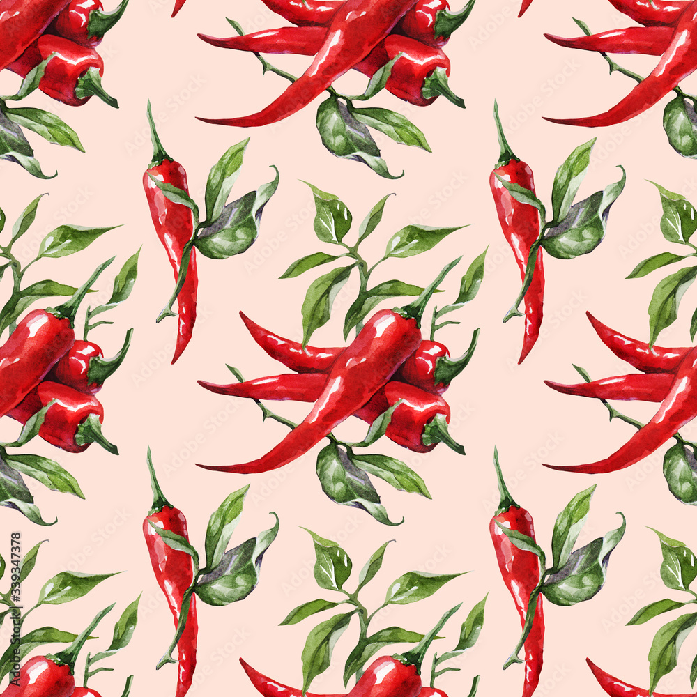 Seamless watercolor red hot chili peppers background pattern. Hand drawing chilli - obrazy, fototapety, plakaty 