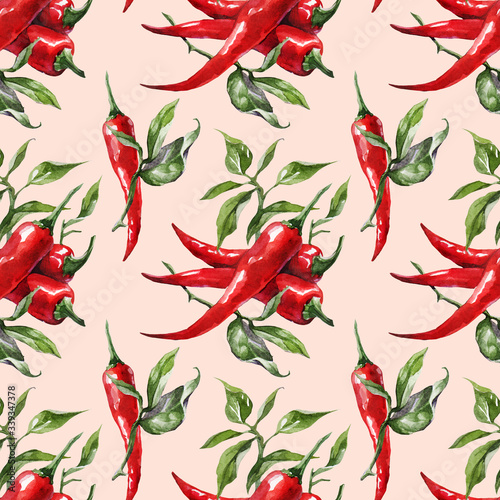 Seamless watercolor red hot chili peppers background pattern. Hand drawing chilli