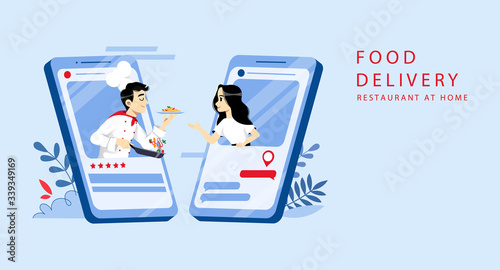 Food Order Online And Delivery Concept. Website Landing Page. Woman Orders Food By Mobile Application Home. Cook With Five Stars Rating Cooking Meal. Web Page Cartoon Flat Style Vector Illustration
