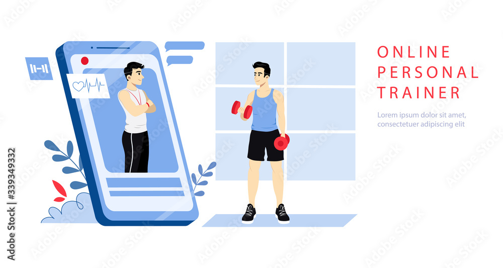 Concept Of Online Personal Trainer. Website Landing Page. Man Takes Online Course With Trainer. Boy Exercising Dumbbells Looking On The Screen Of Smartphone. Web Page Cartoon Flat Vector Illustration