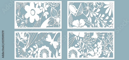 Set template for laser cutting and Plotter. Flowers, leaves for decoration. Vector illustration. Sticker set. Pattern for the laser cut, serigraphy, plotter and screen printing.