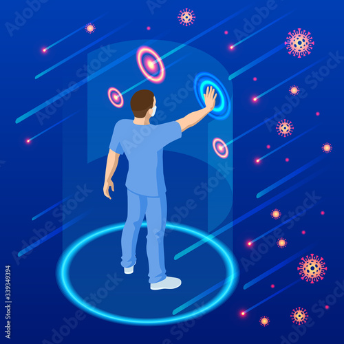 The virus attacks the respiratory tract, pandemic medical health risk. Stop the virus and epidemic diseases. Doctor in white medical protective mask showing gesture stop.