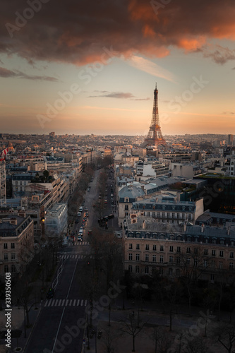 World famous Eiffel tower seen from the top roof of the Arc de Triumphe  Triumphal Arch  at the city centre of Paris  France.