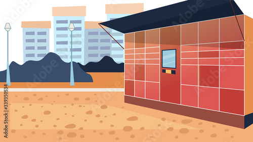 Concept Of Electronic Locker. Safe Possibility Of Pick up And Send Parcels By Self Service Post Terminal Machine Standing On the Street With Screen for Mock up. Cartoon Flat Style Vector Illustration