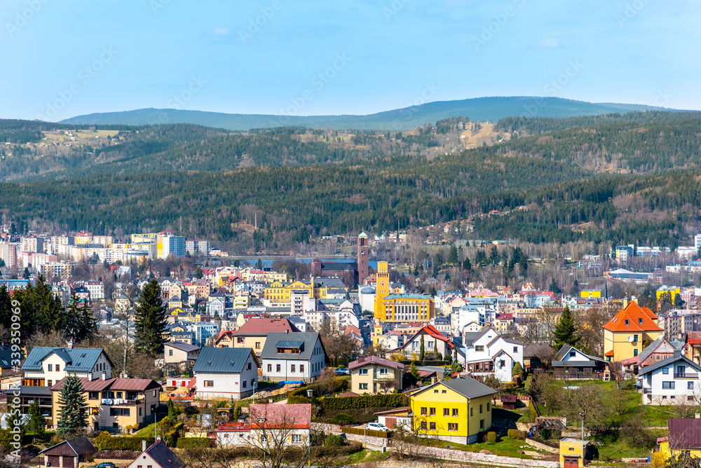 Jablonec nad Nisou - view of city centre with modern town hall and church. Czech Republic