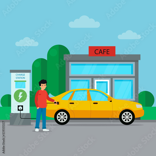 Modern Electric Car Charging at Charger Station With a Young Man holding The Cable. Modern Filling Station Exterior With Fashion Cafe. Electromobility E-motion. Cartoon Flat Style Vector Illustration