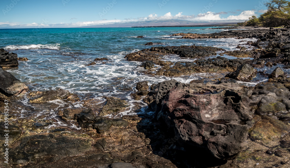 Lava Covered Shoreline Of Kihola State Park Reserve With The Kohala Mountains In The Distance, Hawaii, Hawai,USA