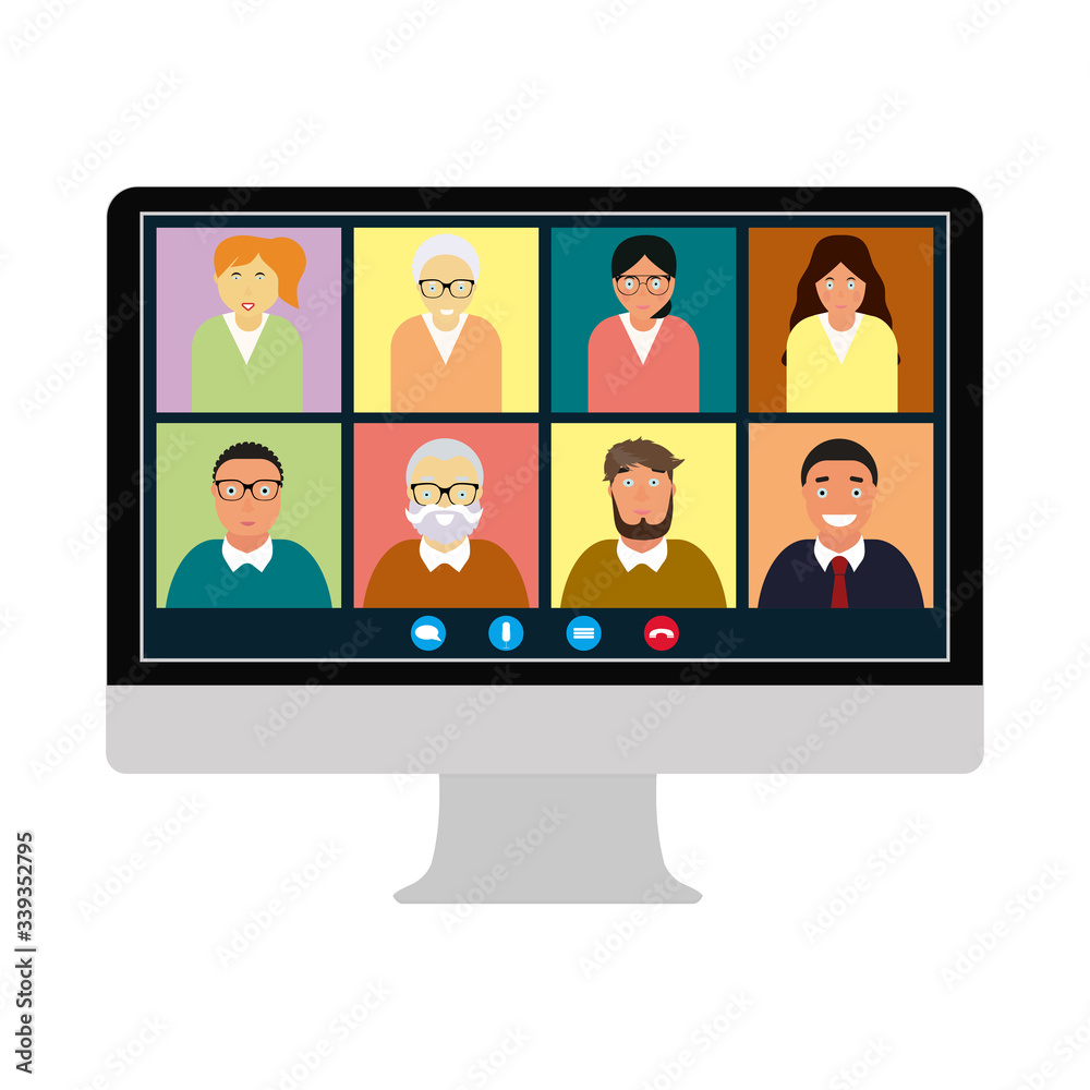 People group on laptop screen taking part in online conference. call screen template. Illustration of webinar, online conference and training
