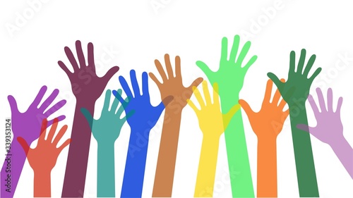 Colourful overlapping silhouettes of hands raised, donation and charity concept. Hands up vector illustration
