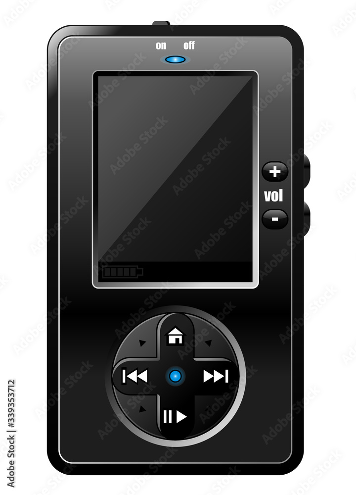 Vector realistic black MP3 player mockup with physical buttons and a blank screen. Can