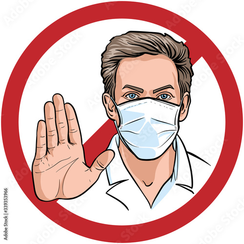 Man in a medical mask with a hand prohibits
