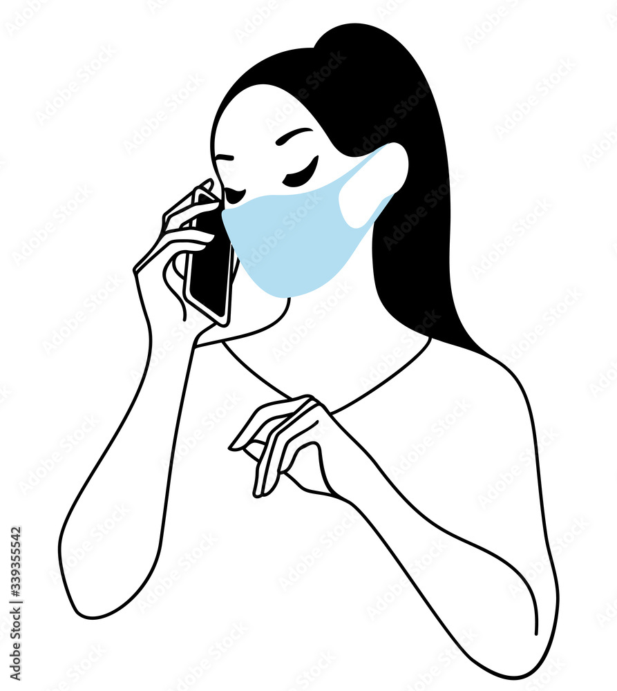 custom made wallpaper toronto digitalA young girl in medical face mask talking on phone, vector illustration, outlines.