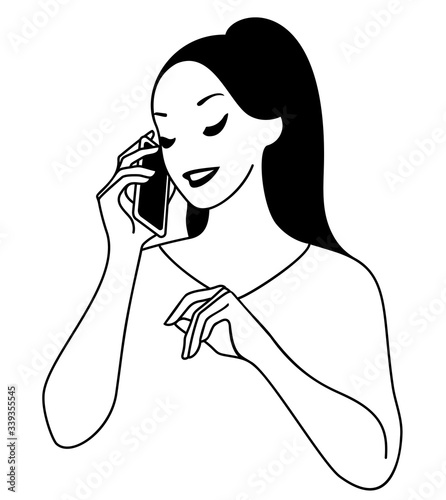 Wallpaper Mural A young girl talking on phone, vector illustration, black and white colours, outlines. Torontodigital.ca