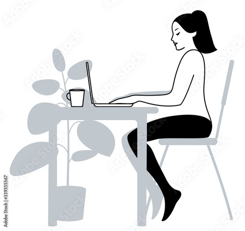Wallpaper Mural A young woman working at home with a laptop, a freelance concept, vector illustration in black, white and grey colors. Torontodigital.ca