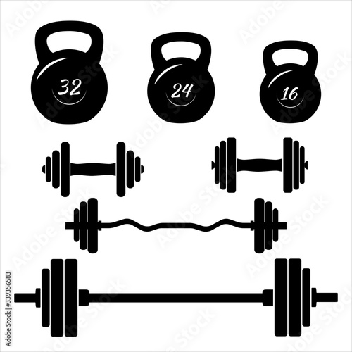 Dumbbells sign icons. Fitness sport symbols. Gym workout equipment. Barbell Icon. Flat icons on white. Set of icons with sports equipment for the gym, vector illustration.