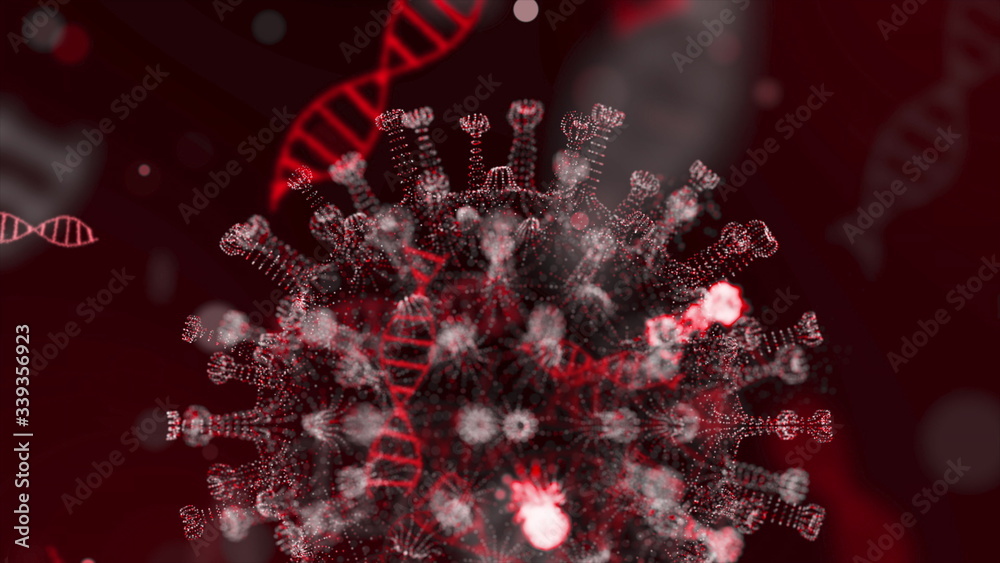 Fototapeta premium 3D visualization of the coronavirus. Pathogens, and dna strand shown as round azure cell with spikes and DNA helixes around it on black background. Animated concept of dangerous virus strain. 3d
