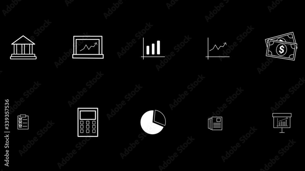Set of animated business icons at black background. Startup, technology, work, finance and more. Set of animated business icons at black background. Startup, technology, work, finance and more.