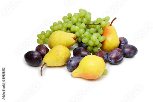 pears  grapes and plums on a white background