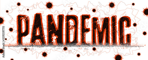 Pandemic or epidemic concept. Damaged letters with icons of Coronavirus. Vector illustration.