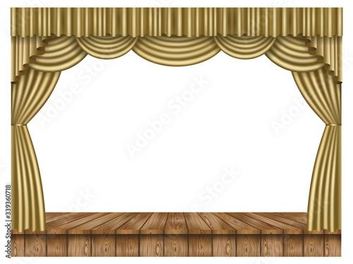 wooden stage and gold curtain