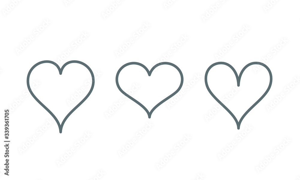 Vector set of icons heart, concept of love, linear  thin grey line,White background