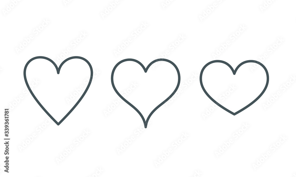 Vector set of icons heart, concept of love, linear  thin grey line,White background