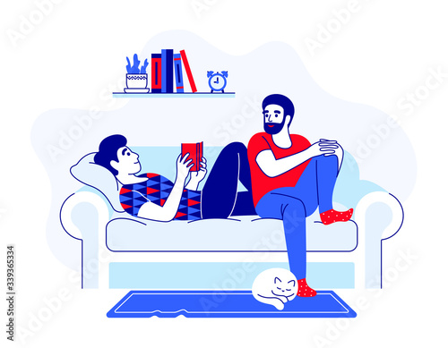 Gay couple with cat on the couch, reading book and talking. Homosexual male couple relaxing in modern cozy home. Cartoon and home furnishing vector illustration