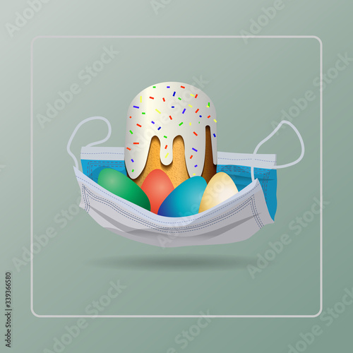 Ortodox Easter. Easter cake and eggs in a medical mask. Coronavirus pandemic. COVID-19. Vector illustration.