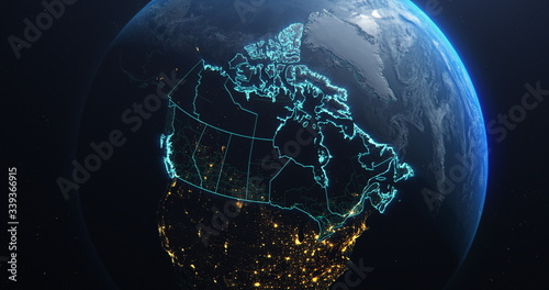 Canada map outline view from space, globe planet earth, teal color, elements of this image courtesy of NASA