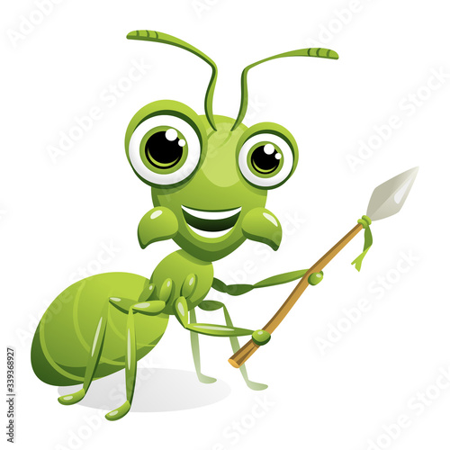 Vector drawing of a funny green ant warrior with big eyes and big mandibles with a pointy spear. Isolated on white.