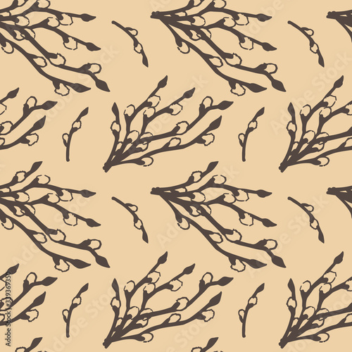 Willow bouquet on beige backdrop.  Easter seamless pattern for apparel, wallpaper, wrap paper, sleeper, bath tile or bed linen. Phone case or cloth print art. Drawn style stock vector illustration