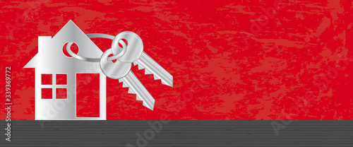 Real estate. Vector header banner with silver home and keyring. Vector background.