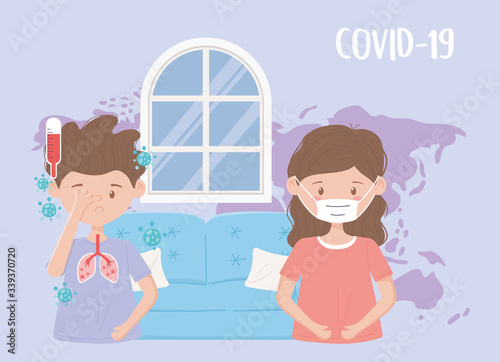 covid 19 quarantine, woman with mask and boy with fever disease pandemic coronavirus