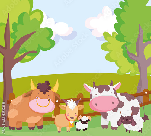 farm animals bull cow goat sheep fence trees cartoon