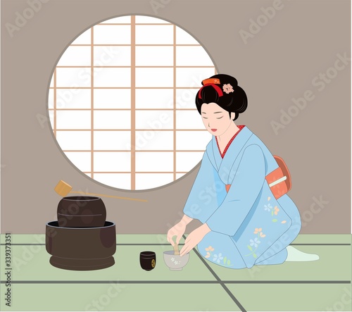 Japanese tea ceremony.  Geisha is making tea.